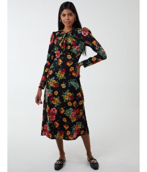 Floral Twist Panel Fit And Flare Midi Dress