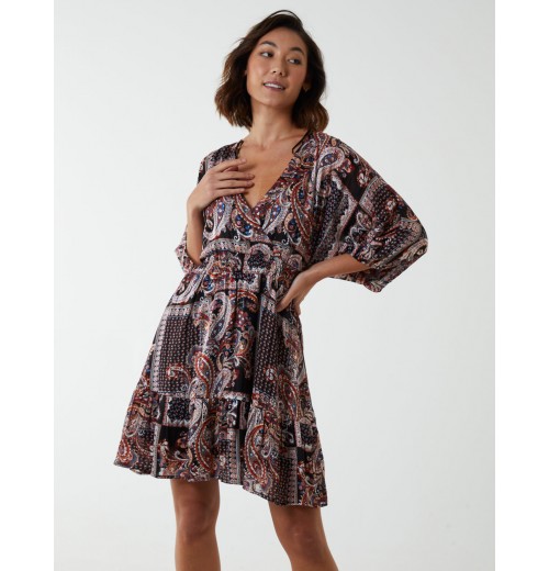 Paisley Wrap Front Pleated Kimono Sleeve Dress