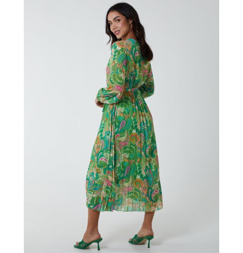 Paisley Wrap Pleated Dress