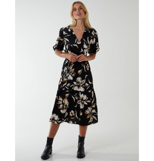 Wrap Front Tier Hem Midi Dress