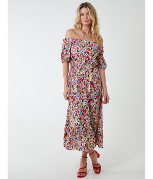 Bardot Midi Dress With Frill Hem